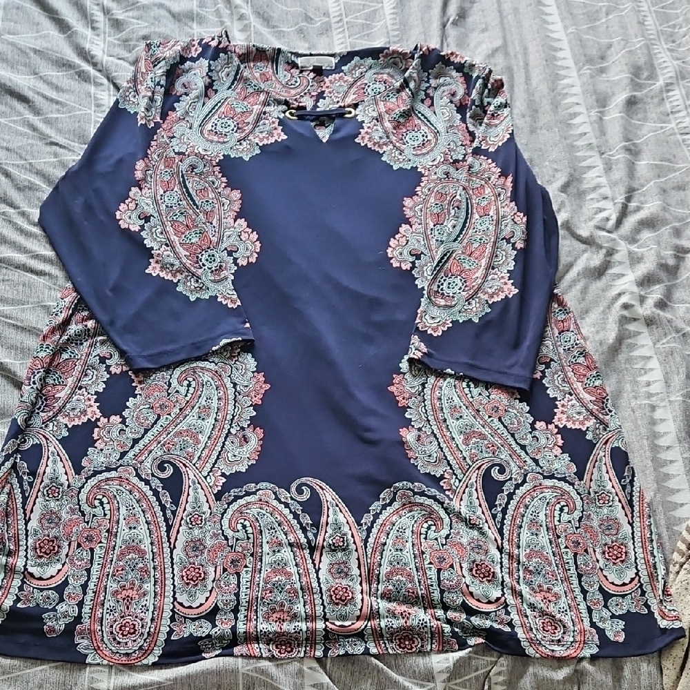 JM Collection Navy and Pink Paisley Blouse